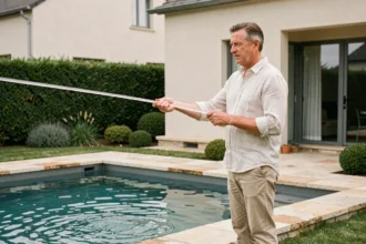 Homme mesurant la distance entre sa piscine et sa maison dans un jardin pavillonnaire français
