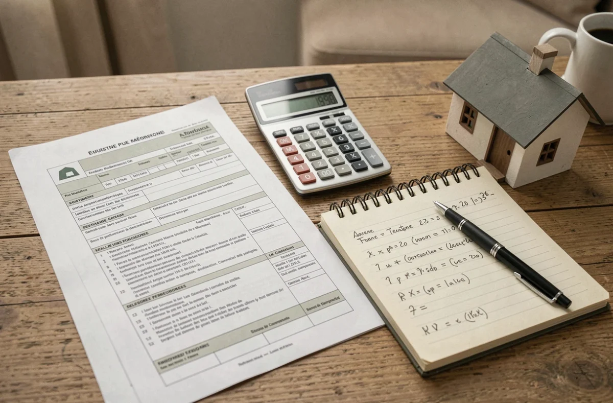 Documents fiscaux français relatifs au déficit foncier avec calculatrice et maquette de maison sur un bureau en bois