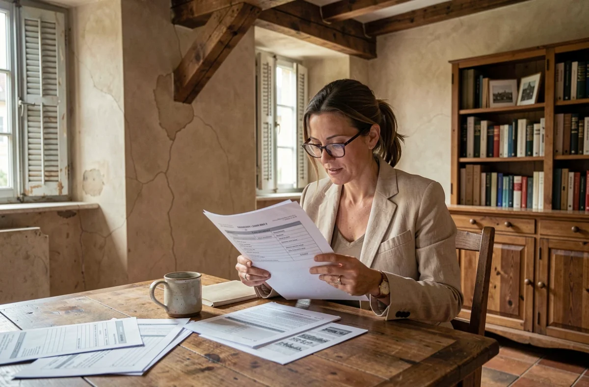 Propriétaire étudiant les documents administratifs de la loi monument historique dans un intérieur classé