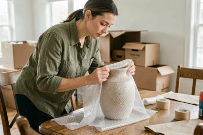 Femme emballant un vase décoratif dans du papier bulle lors d'un déménagement