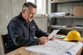 Entrepreneur en bâtiment examinant des documents officiels liés à la garantie de construction dans un bureau de chantier