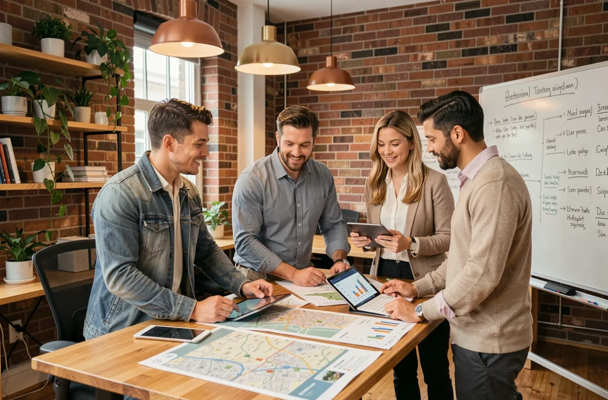 Équipe d'agents immobiliers collaborant sur une stratégie de développement d'agence autour de cartes et de tableaux de bord numériques