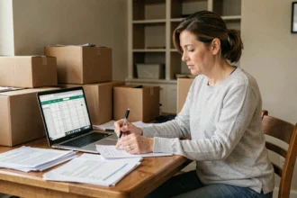 Femme calculant le coût de son déménagement avec des cartons et des documents sur une table en bois