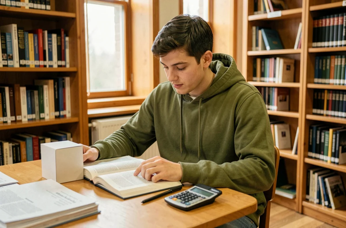 Étudiant en génie civil étudiant les calculs de volume cubique de 3m3 dans une bibliothèque universitaire