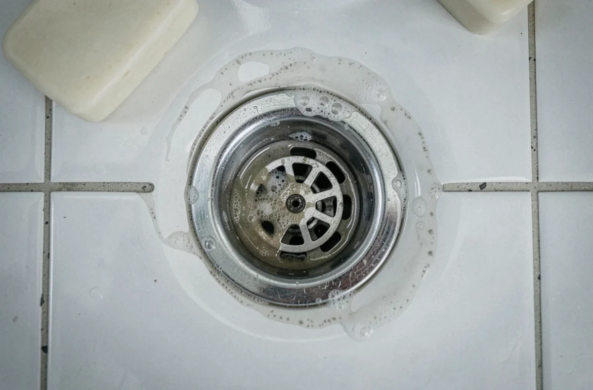 Évier de salle de bain avec eau stagnante indiquant une canalisation bouchée