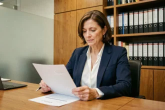 Femme notaire examinant un document de vente immobilière pour une exonération de plus-value