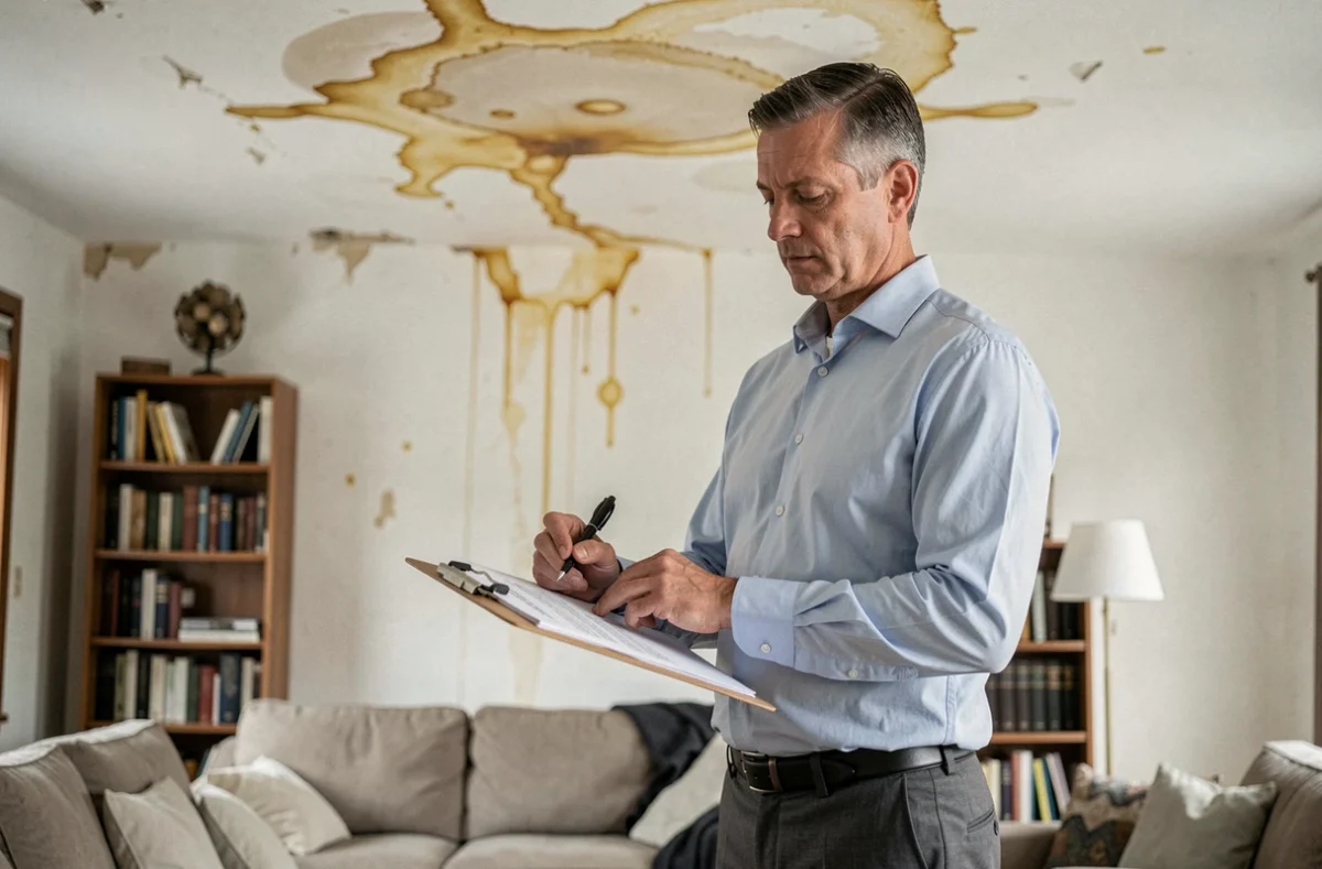 Expert en assurance constatant des dégâts des eaux au plafond d'un salon lors d'une expertise