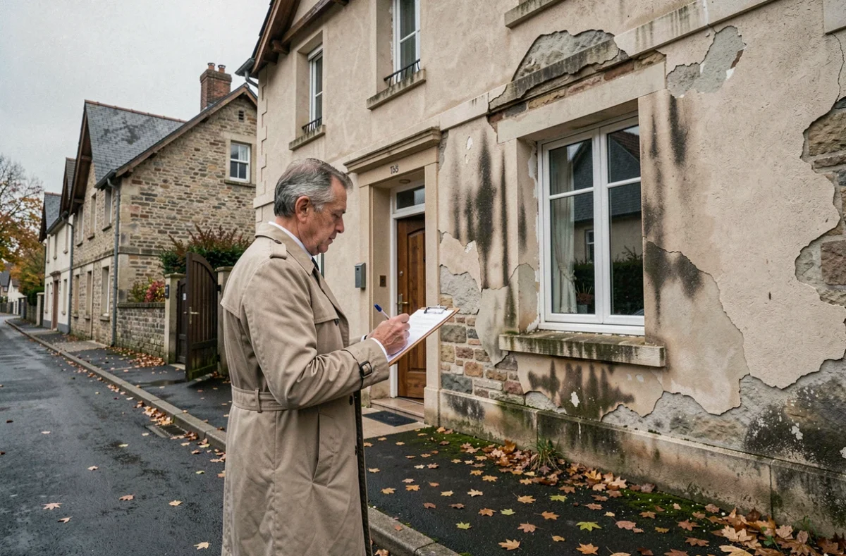 Expert en assurance inspectant les dégâts des eaux sur la façade d'une maison individuelle