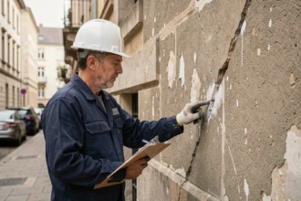 Expert en bâtiment inspectant une fissure diagonale sur un mur en pierre d'un immeuble résidentiel