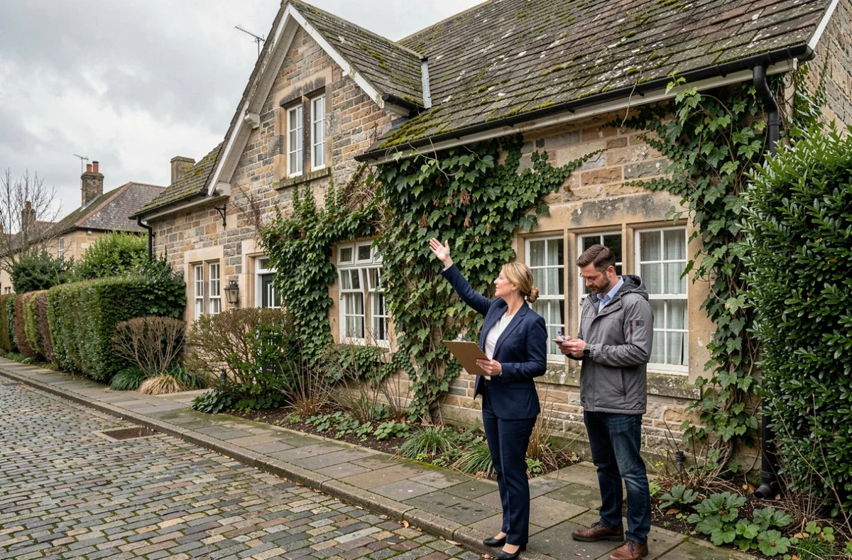 Expert immobilier et collègue évaluant une maison ancienne pour attestation de construction supérieure à 10 ans
