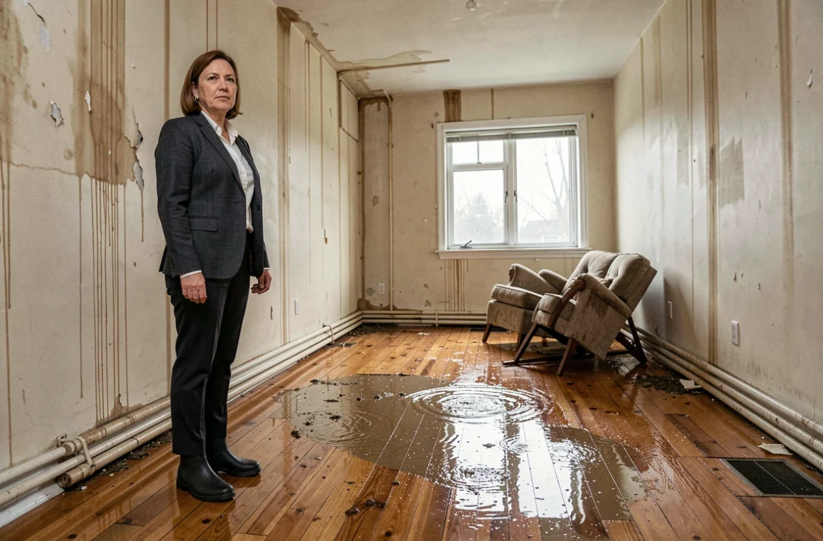 Une femme expertisait les dégâts des eaux dans un appartement inondé au rez-de-chaussée