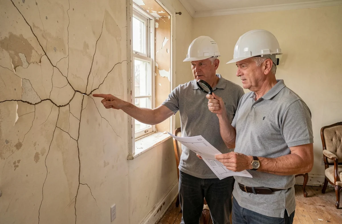 Deux experts en bâtiment examinant des fissures en cartographie sur un mur intérieur en plâtre d'une maison ancienne
