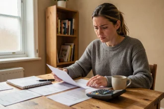 Femme calculant son budget loyer et salaire à la table de sa cuisine avec des documents financiers