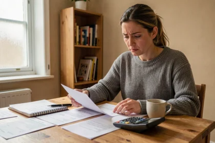 Femme calculant son budget loyer et salaire à la table de sa cuisine avec des documents financiers