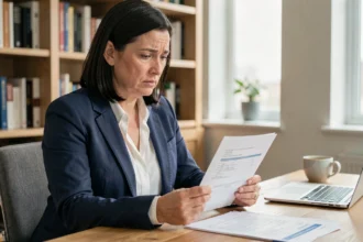 Femme consultant un document de prêt hypothécaire à son bureau pour calculer les frais de remboursement anticipé