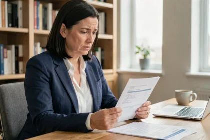 Femme consultant un document de prêt hypothécaire à son bureau pour calculer les frais de remboursement anticipé