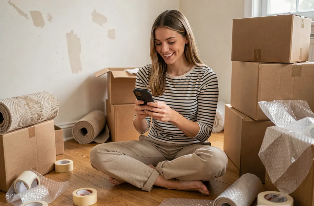 Jeune femme cherchant de l'aide pour déménager sur son smartphone entourée de cartons