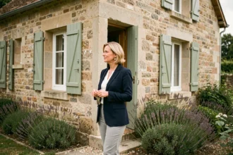 Femme tenant des clés devant une résidence secondaire en pierre en France, illustrant la nouvelle loi sur les résidences secondaires