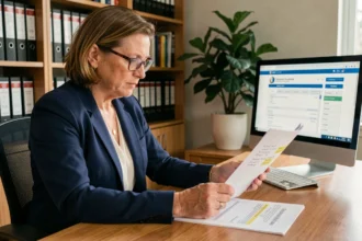Femme consultant un document officiel de valeur locative brute à son bureau