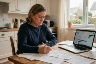 Femme examinant des documents d'assurance habitation après un sinistre à la table de sa cuisine