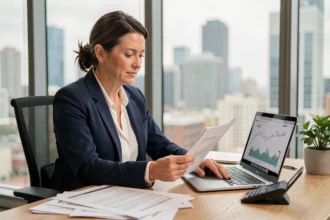 Femme professionnelle examinant des documents liés à une prime d'assurance hypothécaire dans un bureau moderne