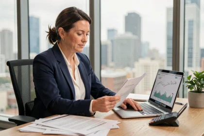 Femme professionnelle examinant des documents liés à une prime d'assurance hypothécaire dans un bureau moderne