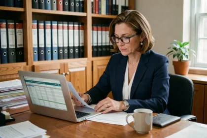 Une femme professionnelle examine des documents fiscaux liés à la location meublée non professionnelle dans un bureau à domicile