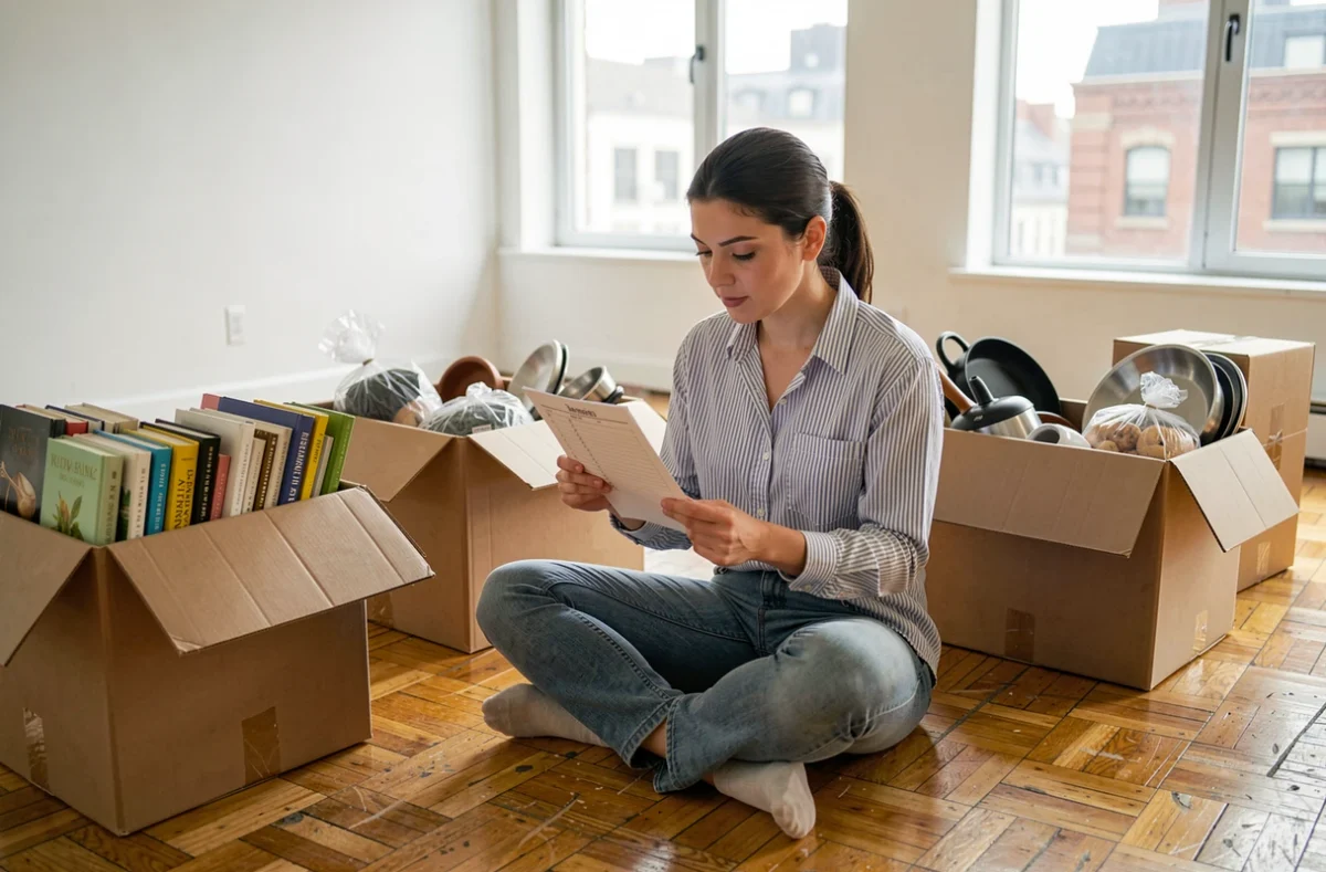 Femme assise sur le parquet entourée de cartons ouverts consultant une liste de déménagement dans un appartement vide