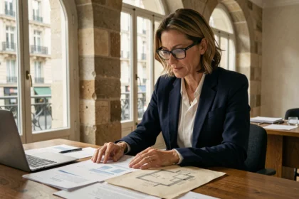 Femme professionnelle examinant des documents de rénovation immobilière dans un bureau à l'architecture haussmannienne, illustrant la loi Malraux