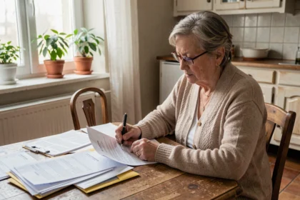 Femme retraitée consultant des documents fiscaux sur la taxe d'habitation à la table de sa cuisine
