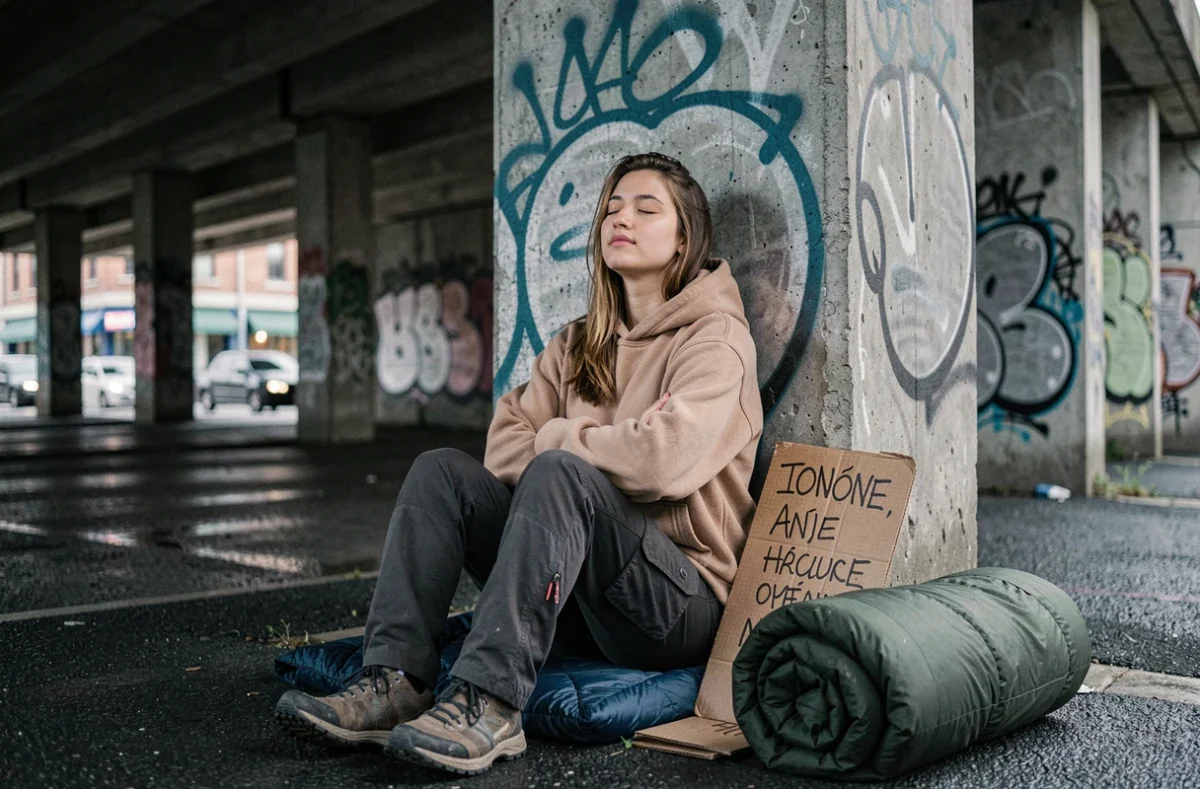 Jeune femme assoupie sous un pont urbain avec un sac de couchage, évoquant les enjeux juridiques du sommeil en espace public