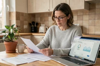 Femme de 35 ans consultant un dossier de crédit immobilier sur son ordinateur portable dans une cuisine moderne