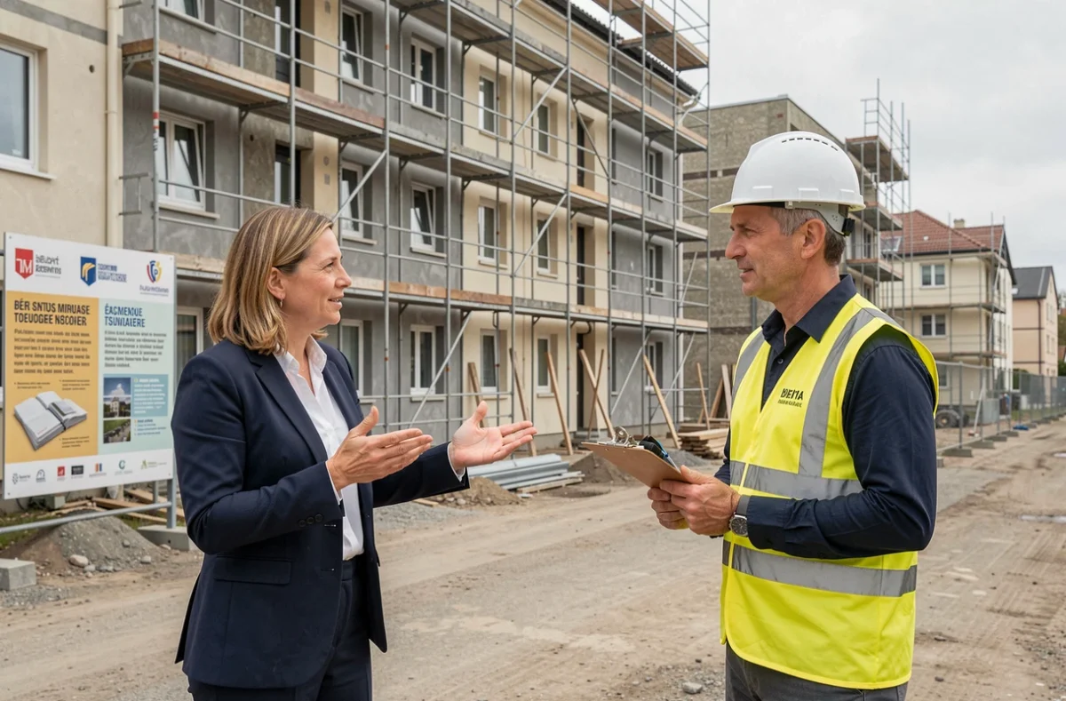 Élue locale et ingénieur de chantier discutant d'un projet de réhabilitation urbaine financé par l'ANRU devant un immeuble en rénovation