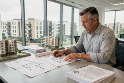 Urbaniste examinant des plans de rénovation urbaine financés par l'ANRU dans un bureau moderne avec vue sur des logements sociaux réhabilités