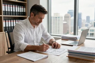 Associé de SCI en train d'analyser des documents financiers et des plans immobiliers dans un bureau moderne pour financer un bien en SCI