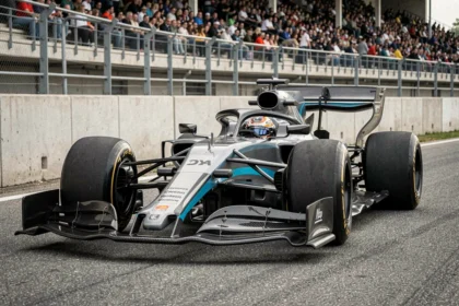 Monoplace de Formule 1 en pleine action sur un circuit moderne, vue en contre-plongée mettant en valeur l'aérodynamique et les pneus slicks