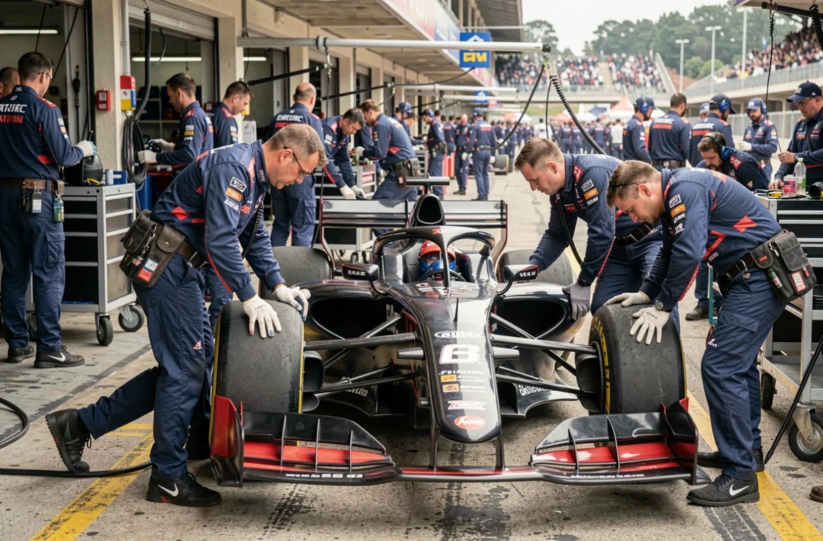 Monoplace de Formule 2 dans la voie des stands avec des mécaniciens en combinaison travaillant autour de la voiture lors d'un week-end de course