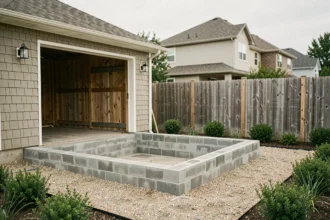 Garage en construction dans un jardin résidentiel avec clôture mitoyenne visible en arrière-plan respectant la distance réglementaire