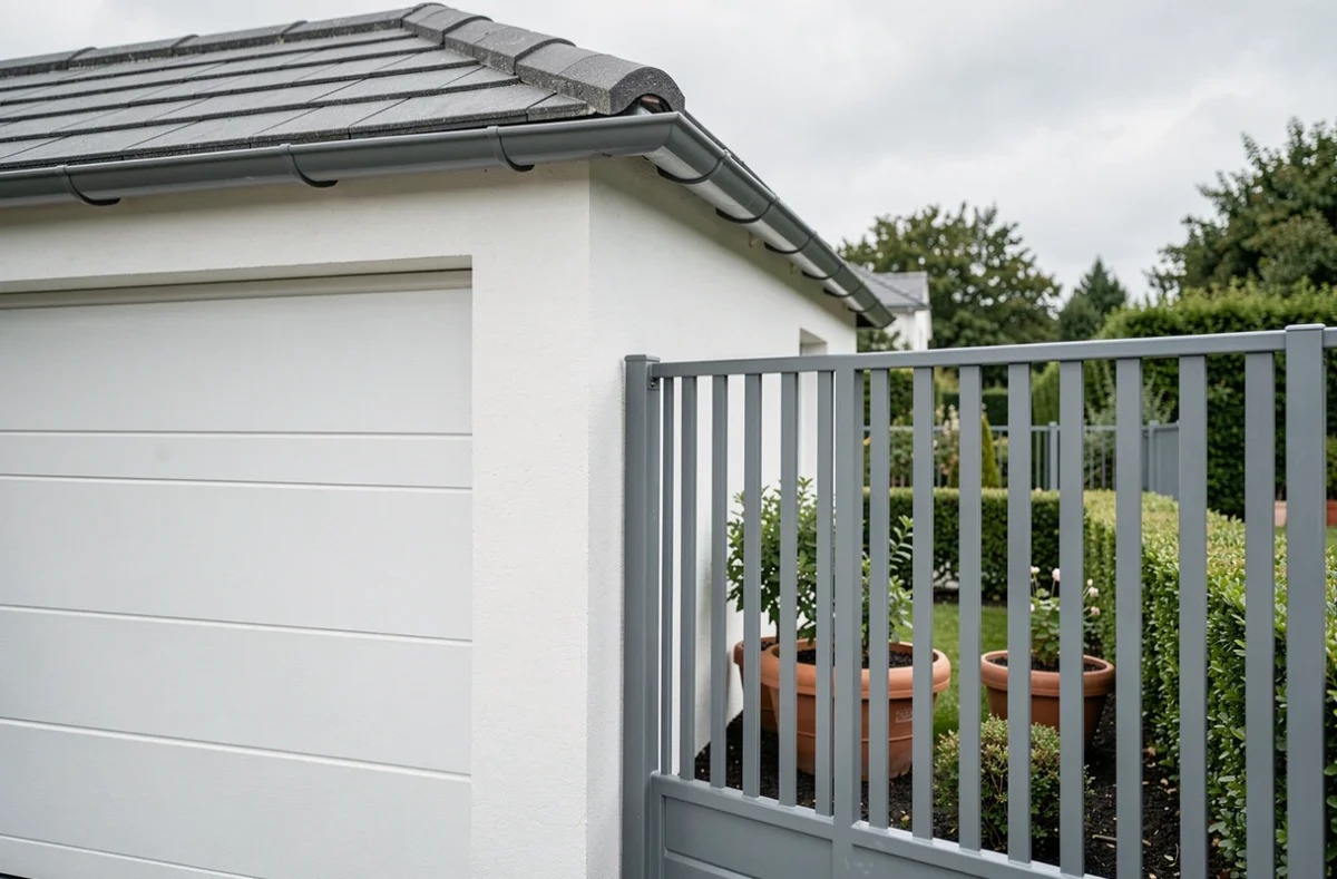Vue latérale d'un garage individuel avec espace entre le mur et une clôture aluminium mitoyenne dans un lotissement résidentiel