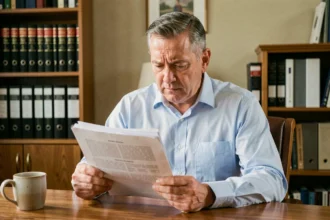 Homme d'une cinquantaine d'années lisant attentivement un contrat de bail en tant que garant à son bureau à domicile