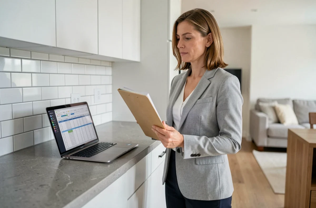 Femme gestionnaire immobilière dans un appartement locatif moderne, consultant un tableur sur ordinateur portable pour calculer les charges déductibles des revenus fonciers