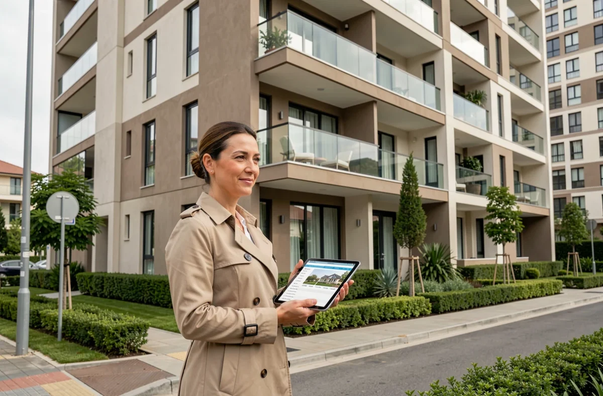 Gestionnaire de patrimoine immobilier devant un immeuble résidentiel géré par un fonds d'investissement