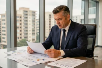 Gestionnaire d'actifs immobiliers analysant des documents de propriété dans un bureau moderne avec vue sur la ville