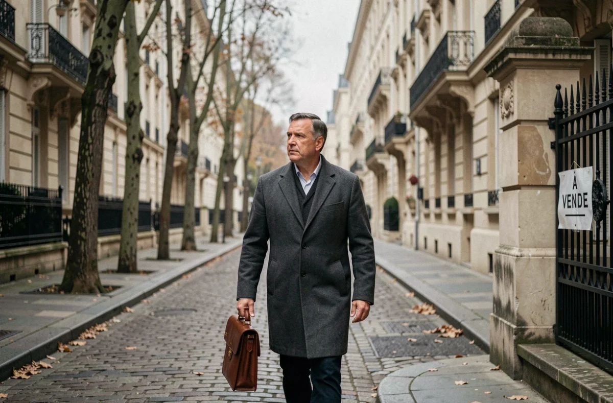 Homme d'affaires observant une annonce immobilière à vendre dans une rue haussmannienne parisienne, contexte du marché immobilier français en 2026