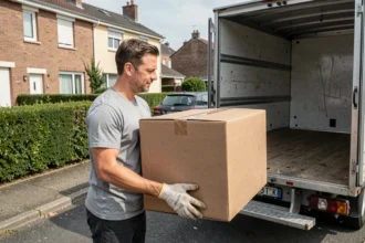 Homme portant des cartons lors d'un déménagement devant un camion de déménagement dans un quartier résidentiel