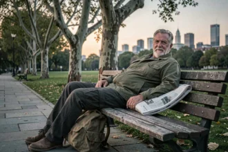 Homme sans-abri dormant sur un banc de parc urbain, illustrant la question de la légalité de dormir en plein air