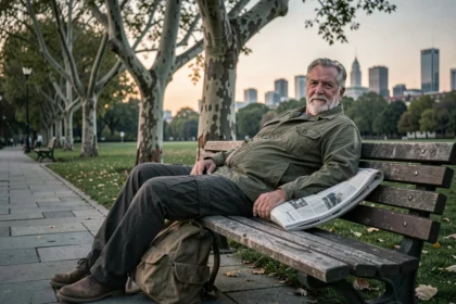 Homme sans-abri dormant sur un banc de parc urbain, illustrant la question de la légalité de dormir en plein air