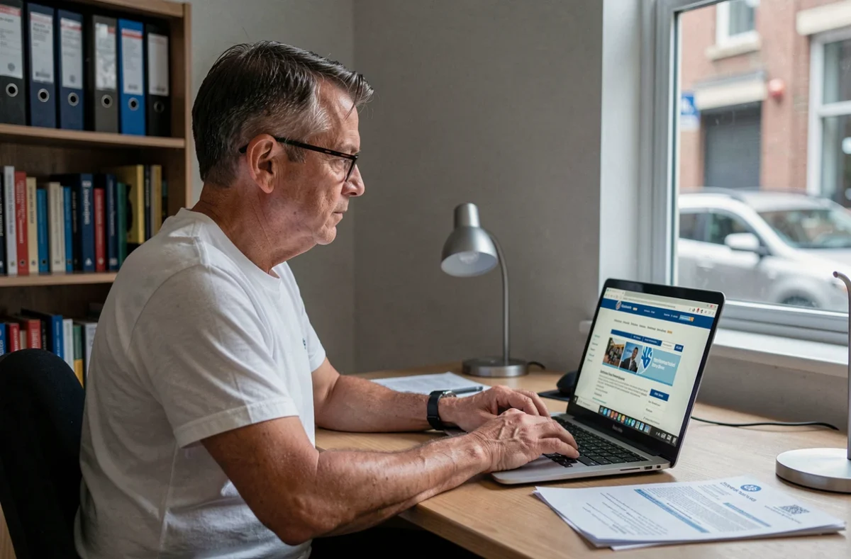 Homme vérifiant son exonération de taxe d'habitation sur le site des impôts depuis son bureau à domicile