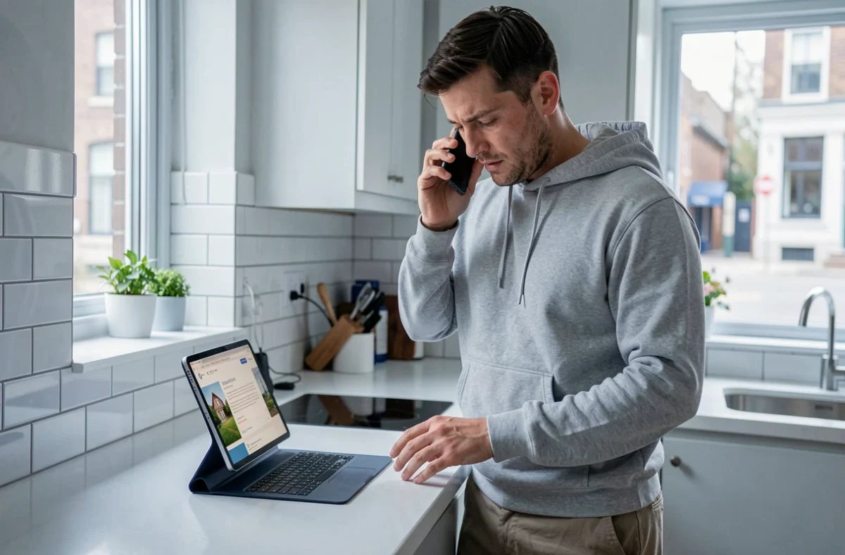 Homme vérifiant le délai de la garantie Visale par téléphone dans une cuisine moderne
