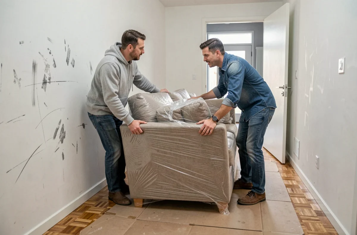 Deux hommes déplaçant un canapé dans le couloir d'un appartement lors d'un déménagement